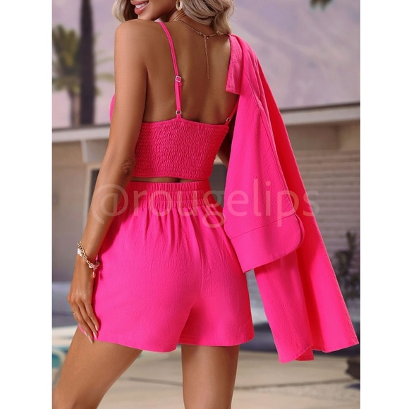 Shorts Set: Cami Crop Top, Button Up Shirt & Shorts in Hot Pink - Picture 6 of 8